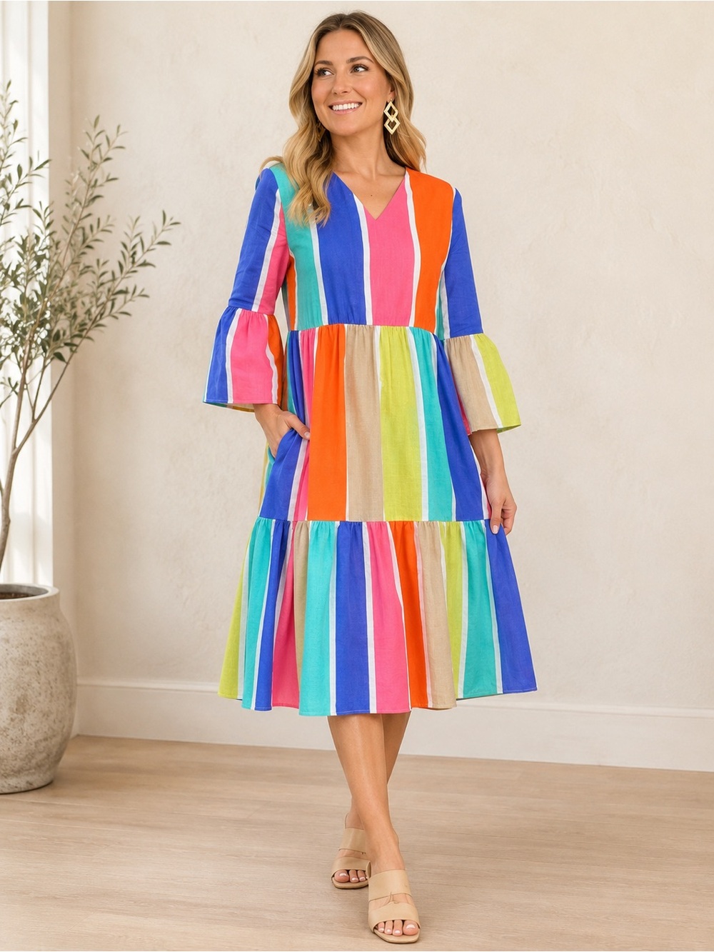 Vilagallo Rainbow Stripe Tiered Midi Dress XL | Cotton Beach Resort Bell Sleeve